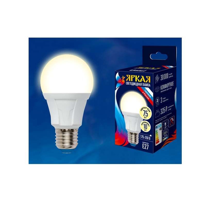 Лампа светодиодная LED-A60 10W/WW/E27/FR PLP01WH Яркая 10Вт грушевидная матовая 3000К тепл. бел. E27