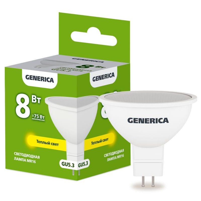 Лампа светодиодная MR16 8Вт софит 3000К GU5.3 230В GENERICA LL-MR16-08-230-30-GU5-G