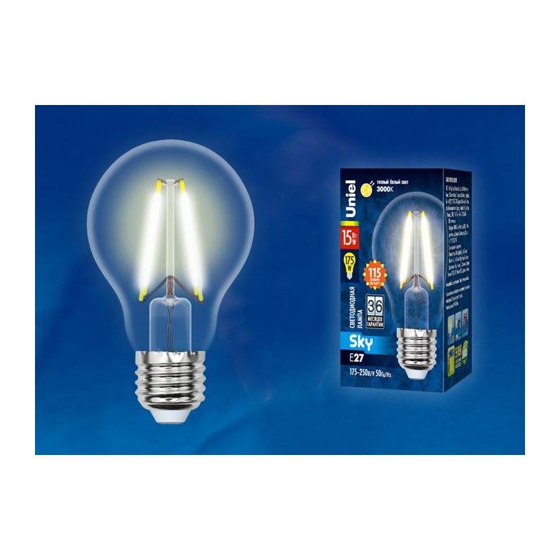 Лампа светодиодная LED-A60-15W/3000K/E27/CL PLS02WH Sky прозр. картон Uniel UL-00005849