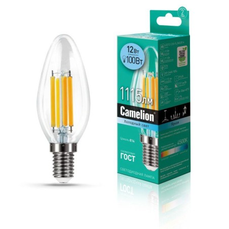 Лампа светодиодная филаментная LED12-C35-FL/845/E14 12Вт 220В Camelion 13709