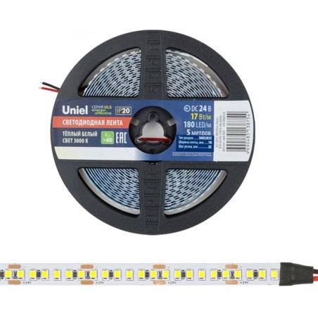 Лента светодиодная ULS-2835-180LED/m-10mm-IP20-DC24V-17W/m-5M-3000K 17Вт/м 180LED/м 3000К тепл. бел.