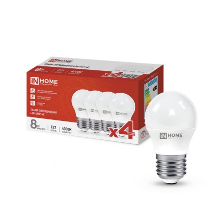 Лампа светодиодная LED-ШАР-VC 4PACK 8Вт 230В E27 4000К 760лм (уп.4шт) IN HOME 4690612047867