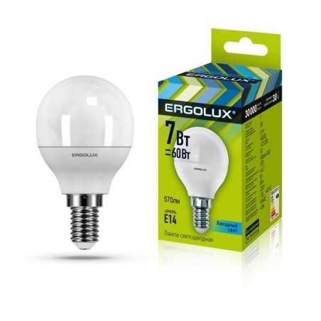 Лампа светодиодная LED-G45-7W-E14-4500K 172-265В "Шар" Ergolux 12144