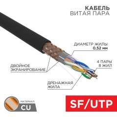 Кабель витая пара SF/UTP кат.5E 4х2х0.51 медь наружн. прокл. черн. (м) Rexant 01-0344