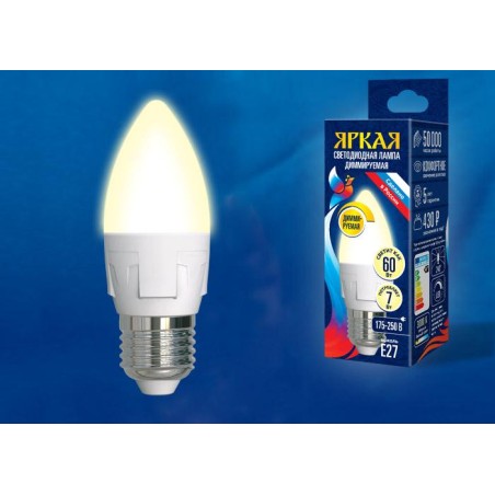 Лампа светодиодная LED-C37 7W/3000K/E27/FR/DIM PLP01WH Яркая 7Вт свеча матовая 3000К тепл. бел. E27