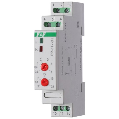 Реле тока PR-617-01 (диапазон 0.5-5А, с задержкой отключения, монтаж на DIN-рейке 35мм 230В 16А 1Z I