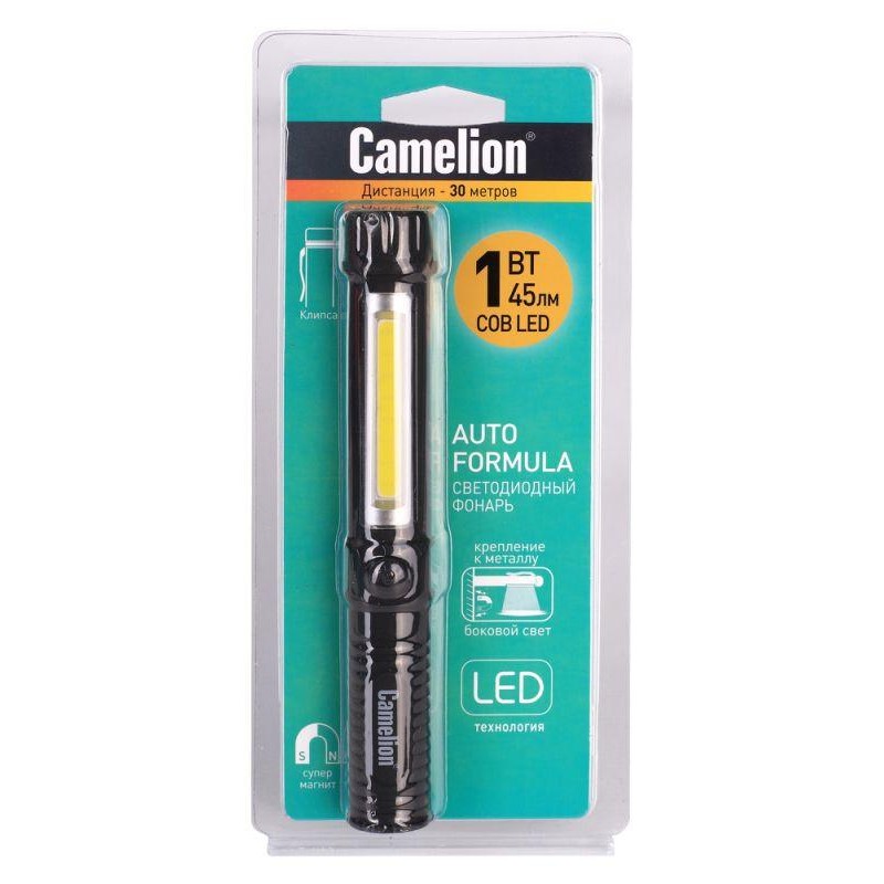 Фонарь-ручка LED51521 COB LED + 1Вт LED 3хLR03 магнит клипса пластик. черн. (блист.) Camelion 13361