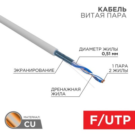 Кабель витая пара F/UTP кат.5E 1х2х24AWG solid CU PVC сер. (м) Rexant 01-0120