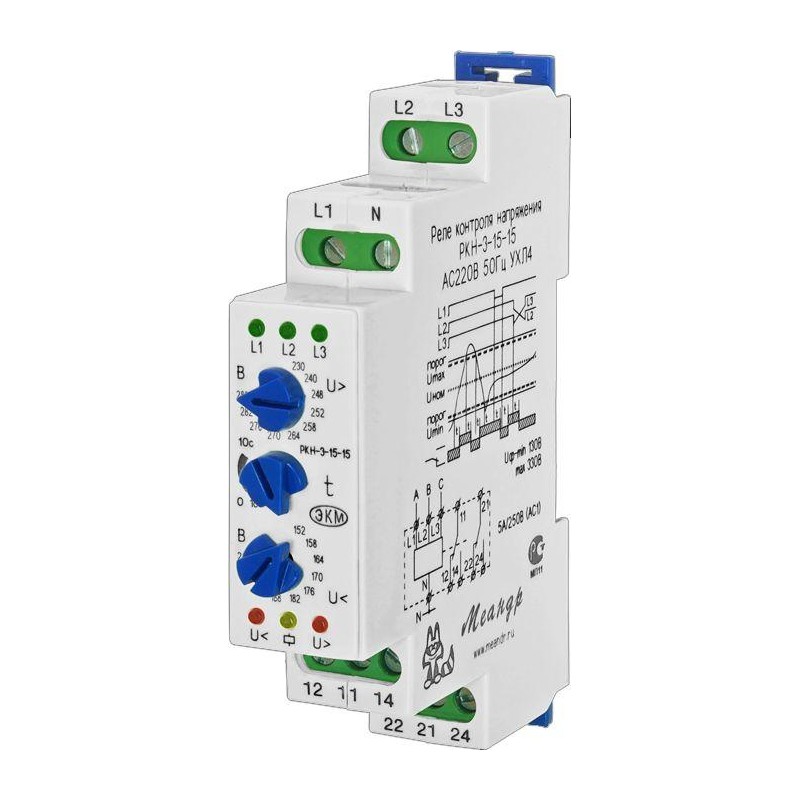 Реле контроля напряжения 3ф РКН-3-15-15 УХЛ4 AC 230В/AC 400В 4-х проводная схема включения задержка срабатывания 0.1...10с ток к