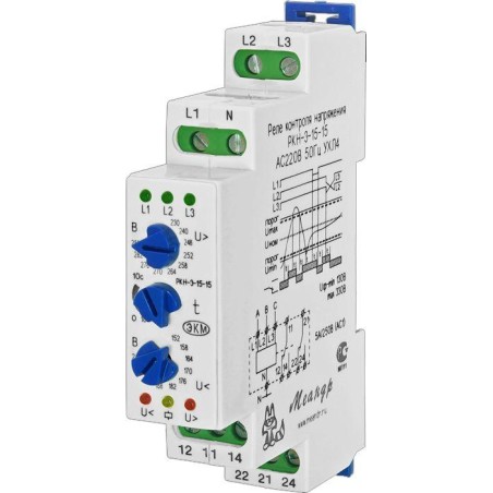 Реле контроля напряжения 3ф РКН-3-15-15 УХЛ4 AC 230В/AC 400В 4-х проводная схема включения задержка срабатывания 0.1...10с ток к