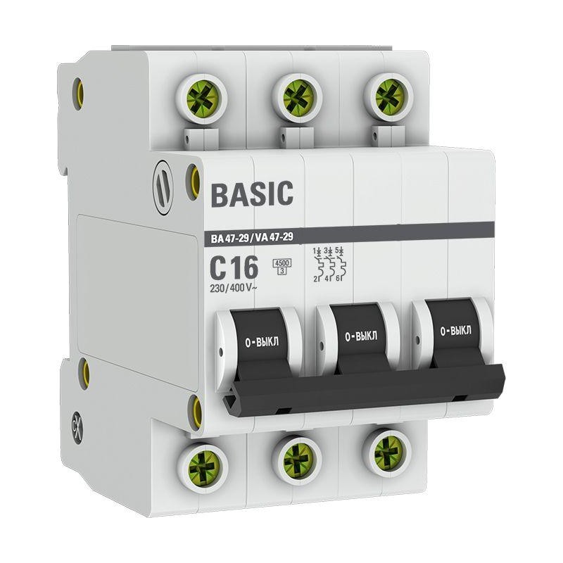 Выключатель автоматический модульный 3п C 16А 4.5кА ВА 47-29 Basic EKF mcb4729-3-16C