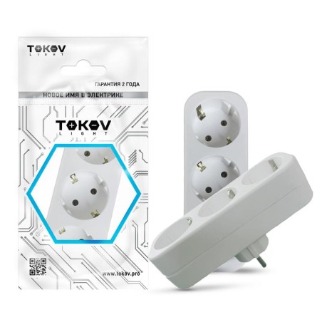 Разветвитель 3-м с заземл. 16А 250В IP20 полипропилен бел. TOKOV ELECTRIC TKL-S3Z-C01