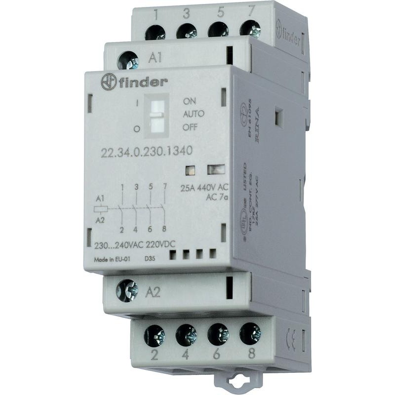 Контактор модульный 2NO + 2NC 25А AgSnO2 230В AC/DC 35мм IP20 опции: мех. индикатор + LED FINDER 223402304620