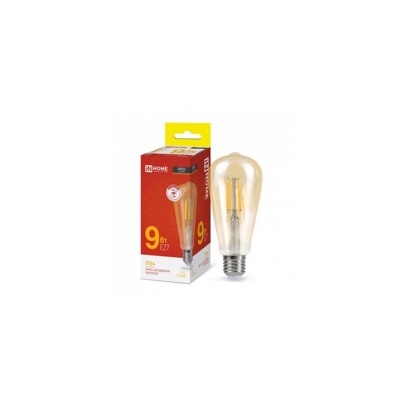 Лампа светодиодная LED-ST64-deco gold 9Вт цилиндр золотая 3000К тепл. бел. E27 1040лм 230В IN HOME 4690612035659