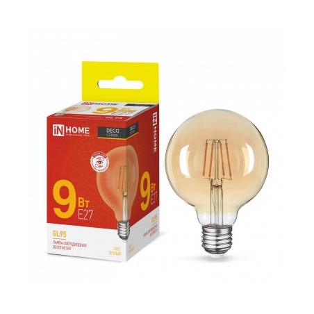 Лампа светодиодная LED-GL-95-deco gold 9Вт шар золотая 3000К тепл. бел. E27 1040лм 230В IN HOME 4690612036465