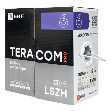 Кабель витая пара U/UTP кат.6 4 пары 23 AWG solid LSZH нг(А)-HF сер. (уп.305м) TERACOM PRO EKF TRP-6