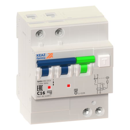 Выключатель автоматический дифференциального тока 2п C 16А 30мА тип A 6кА OptiDin VD63 УХЛ4 КЭАЗ 103