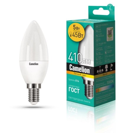 Лампа светодиодная LED5-C35/830/E14 5Вт свеча 3000К тепл. бел. E14 390лм 220-240В Camelion 12031