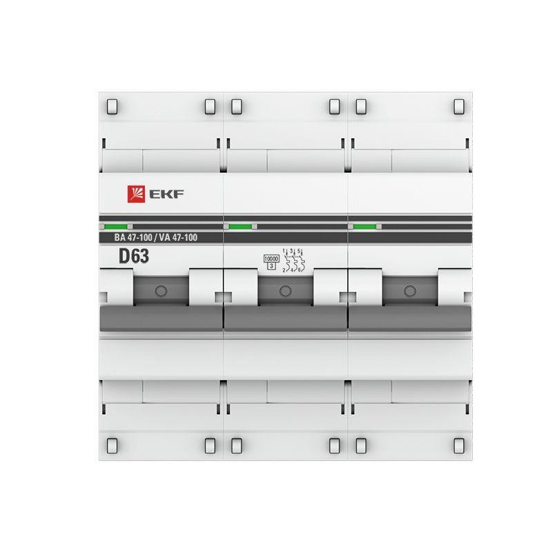 Выключатель автоматический модульный 3п D 63А 10кА ВА 47-100 PROxima EKF mcb47100-3-63D-pro