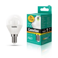 Лампа светодиодная LED8-G45/830/E14 8Вт шар 3000К тепл. бел. E14 720лм 170-265В Camelion 12391