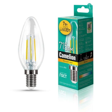 Лампа светодиодная филаментная LED7-C35-FL/830/E14 7Вт 220В Camelion 13452