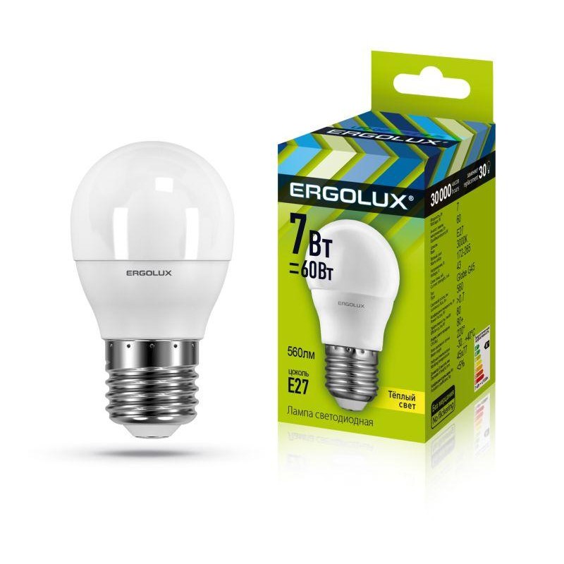 Лампа светодиодная LED-G45-7W-E27-3000K 172-265В "Шар" Ergolux 12143