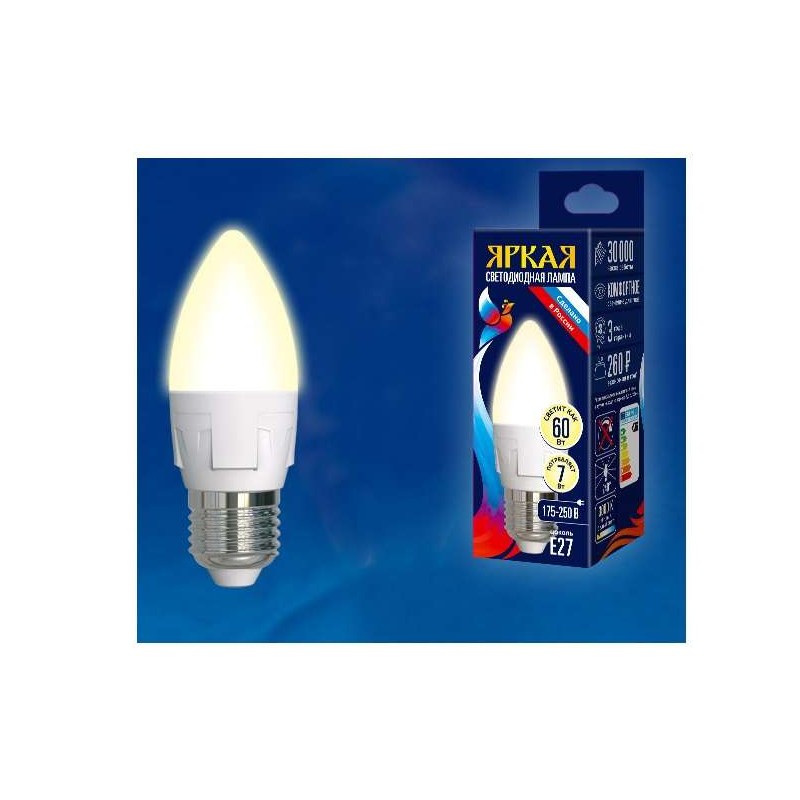 Лампа светодиодная LED-C37 7W/WW/E27/FR PLP01WH Яркая 7Вт свеча матовая 3000К тепл. бел. E27 (упак.