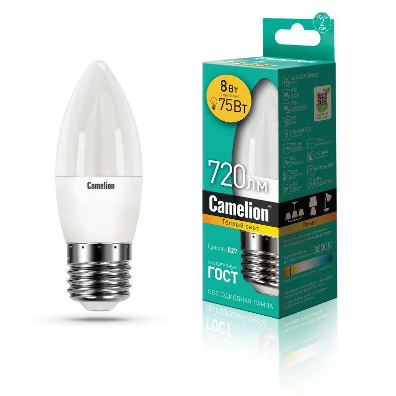 Лампа светодиодная LED8-C35/830/E27 8Вт свеча 3000К тепл. бел. E27 720лм 170-265В Camelion 12389