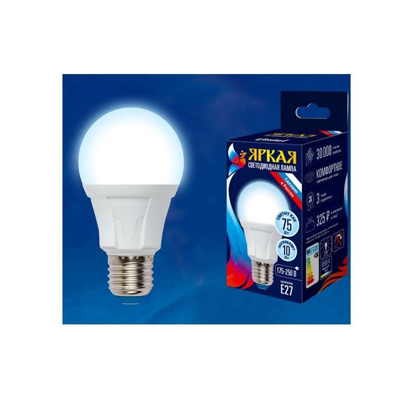 Лампа светодиодная LED-A60 10W/DW/E27/FR PLP01WH Яркая 10Вт грушевидная матовая 6500К холод. бел. E2