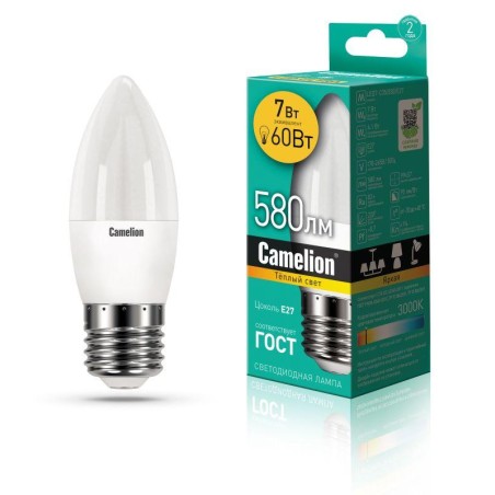 Лампа светодиодная LED7-C35/830/E27 7Вт свеча 3000К тепл. бел. E27 530лм 220В Camelion 12077