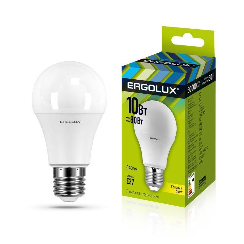 Лампа светодиодная LED-A60-10W-E27-3000K грушевидная ЛОН 172-265В Ergolux 12148