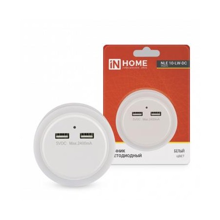 Ночник светодиодный NLE 10-LW-DC 2хUSB разъема с датчиком освещения 230В бел. IN HOME 4690612039985