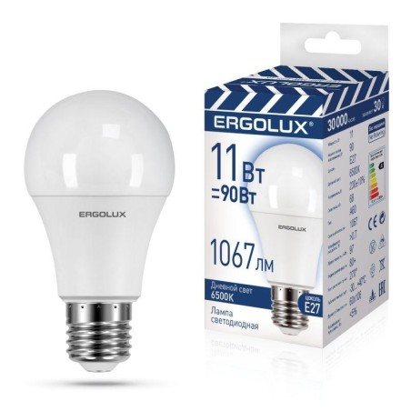 Лампа светодиодная LED-A60-11W-E27-6K ЛОН 11Вт Е27 6500К 220-240В ПРОМО Ergolux 14724